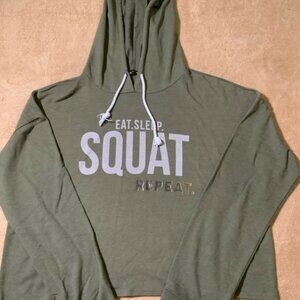Raggs II Riches Womens Sz‎ LG Cropped Hoodie Olive Eat Sleep Squat Repeat (E)